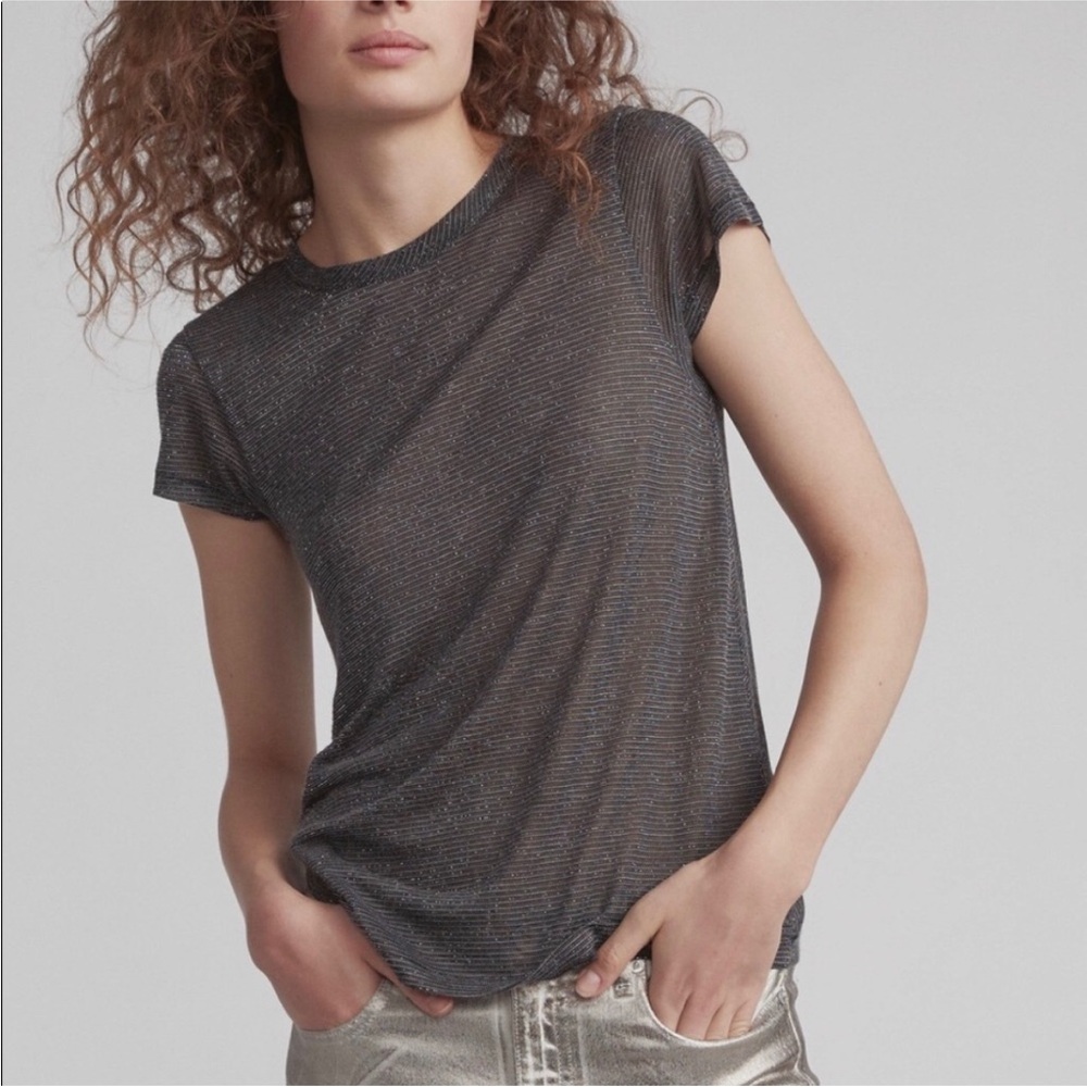 rag & bone Dawson Crewneck Shimmer Mesh Tee Shirt Metallic